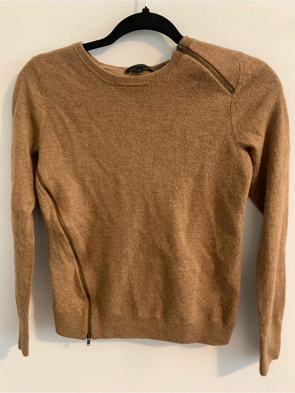J. Crew Camel Brown Crewneck Sweater with Asymmetric Zip
